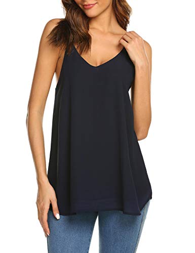 SUNAELIA Women Sleeveless Strap Tank Top Camisole Chiffon Summer V Neck Casual Solid Loose Blouse Shirts Navy Blue