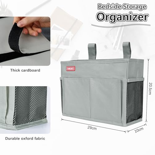 HAKACC Bedside Storage Organizer, Hanging Bed Organizer Bedside Caddy Remote Holder for Home College Dorm Light Grey