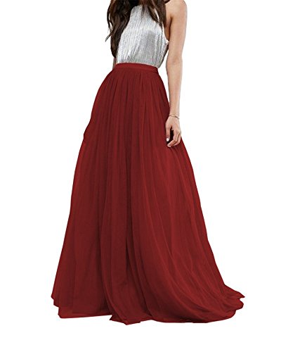 Women Wedding Long Tulle Skirt Dress Bridal Bridesmaids Floor Length High Waisted Maxi Tutu Party Dress (Wine Red, Medium)