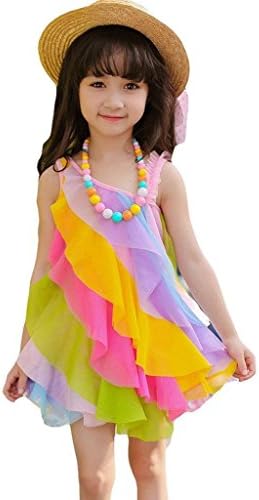 ASHERANGEL Toddler Girls Dresses Sweet Rainbow Summer Beach Sundress Tulle Skirt Pink 4-5Y
