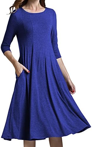 yige Women's Classic A-line Pocket Midi dress 3/4 Sleeve Knit Fit and Long Dresses Light blue-XL