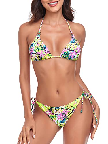 Bikini RELLECIGA Stampa Blu-giallo, Triangolo Halter Con Lacci E Slips Brasiliani, Taglia S - 3