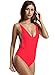 zeraca Women's High Cut Thin Strap One Piece Swimsuit Monikini (M10, Red Ignite)