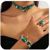 Octwine Silver Green Red Rhinestones Bridal Necklace Earrings Set Wedding Rhinestone Necklace Dangle Earrings Rings Bracelet Sets for Brides Bridesmaid Crystal Prom Party Accessories for Women