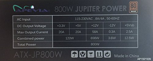 Apevia ATX-JP800W Jupiter 800W 80 Plus Bronze Certified Active PFC High Performance ATX Gaming Power Supply, Supports Dual/Quad Core CPUs, SLI/Crossfire/Haswell - Quiet