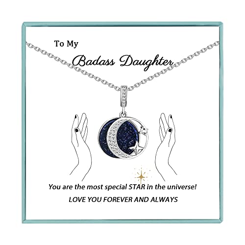 Sereney Christmas Daughter Gifts from Mom, Silver Moon Star Necklace as Bonus Daughter Gifts, Bonus Daughterr Necklaces from Mom, Step Daughterr Present from Stepmom Stepdad Lockets