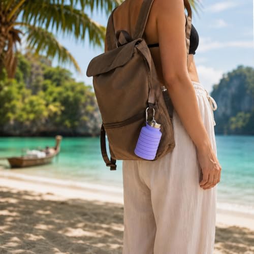 pandoo 700ml Collapsible Silicone Bottle - BPA Free, Leak Proof and Reusable - Lightweight Sports Water Bottle for Outdoor, Travel, Fitness - Black & Lilac