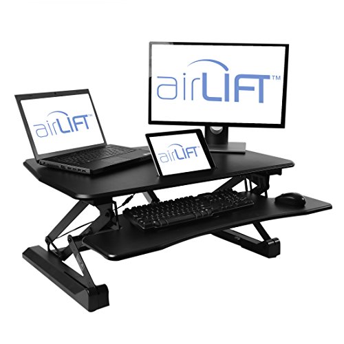 AIRLIFT 35.4" Electric Standing Desk Converter Workstation with USB Charger | Ergonomic Motorized Dual Monitor Riser Height Adjustable to 18.9", Black