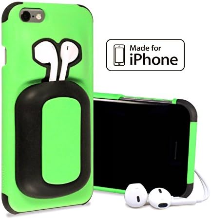 *NEW* Apple iPhone 6 / 6s Case Cover. Built-in Headphone Earpod Earphone Earbud Storage Holder. Shock Absorbing and Protective Bumpers. (BlackNight/FluoroGreen)