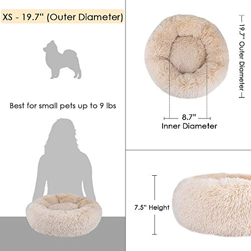 AutoWT Dog Bed, Donut Dog Bed Cat Beds Cuddler Nest Soft Plush Dog Cat Cushion with Cozy Sponge Non-Slip Bottom for Small Medium Pets Snooze Sleeping Indoor, Machine Washable (S - 19 inch, Khaki)