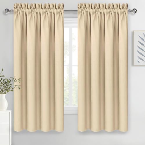 DWCN Beige Curtains for Bedroom Thermal Insulated Room Darkening Drapes for Living Room Rod Pocket Light Blocking Solid Window Treatment, W 42 x L 63 Inch, 2 Panels, Beige