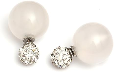 Idin Double-Sided Earrings - Double sided white acrylic imitated cat eye ball with polymer clay crystal rhinestone bead ear studs (approx. 0.3" and 0.6")
