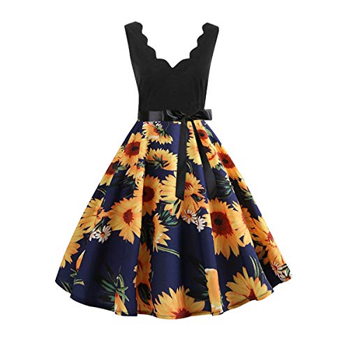 KESEELY Short Dresses for Women Cocktail - Ladies Sleeveless Flower Print Vintage Flare Swing Party Dress