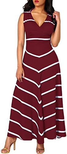 Lady Swain Womens Stripe V Neck Sleeveless Long Maxi Dress Cocktail Party Dress, Wine, Small (TAG M)