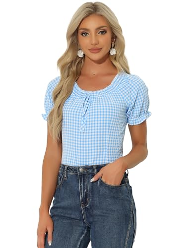 Allegra K Karierte Bluse für Damen, mit Rundhalsausschnitt, Rüschen, Puffärmeln, blau, L
