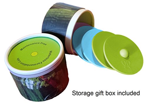 Maintenance free silicone airlock waterless fermentation lids for wide mouth mason jars. BPA free, mold free, dishwasher safe. 6 pack. Premium Presents brand.