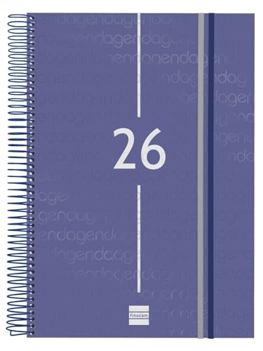Finocam - Spiral Agenda 2026 1 Day Page | January - December (12 months) | 2026 A4 Annual Diary with Elastic Band | Polypropylene Spiral Year Cover - Blue - Catalan