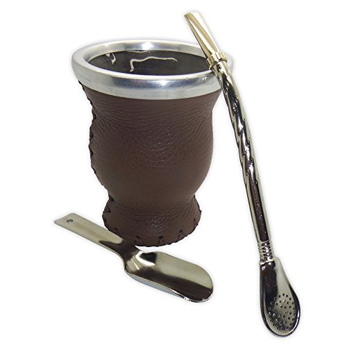 Mate Brown + Bombilla straw + Yerba Spoon -tempered glass leather covered