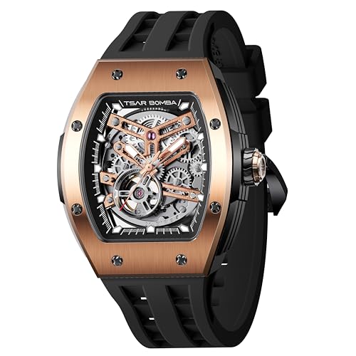 TSAR BOMBA Men's Automatic Watch Skeleton Watch Luxury Barrel Mechanical Watch 50m Waterproof Analog Watch