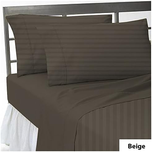 16 inches (40cm) Deep Pocket 600 TC New Quality "1 fitted sheet & 2 pillowcases" Stripe Pattern 100% Egyptian Cotton All Sizes & Colors (UK King , Beige )