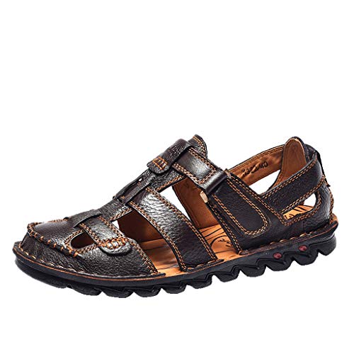 Yomiafy Men's Sandals Summer Outdoor Leather Fisherman Shoes Closed Toe Casual Beach Sandals(Brown,US:10.5)
