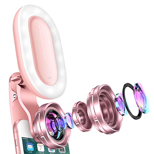 OURRY Selfie Light Phone Camera Lens 15X Macro Lens, 4K HD 120Â° Wide Angle Lens, Fill Light [5-Light Mode][15-Level Brightness][32 LED] Compatible with Phone, Tablet, for Video/Photo/Makeup (Pink)