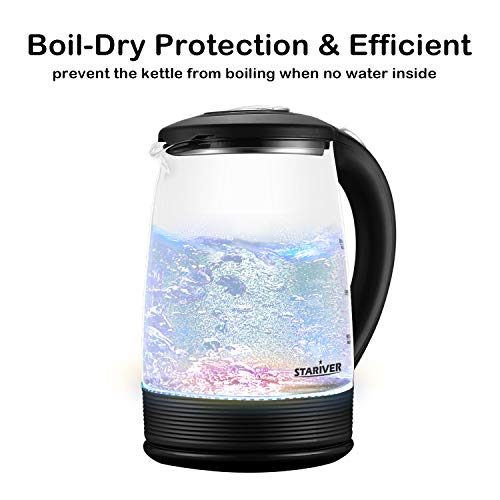 Stariver Electric Kettle Glass Tea Kettle Heater, 2 Liter Large Capacity with LED Light, Auto Shut-Off and Boil-Dry Protection, Stainless Steel Inner Lid and Bottom, Black