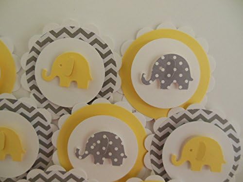 Elephant Cupcake Toppers - Yellow, Gray Polka Dots and Gray Chevron - Set of 12