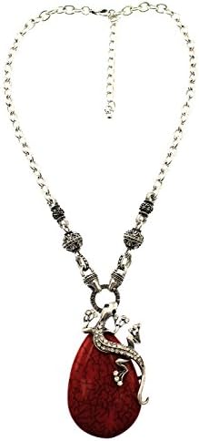 Sprawling Crystal Lizard Pendant Necklace on Tear Drop Red Stone Set