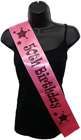 Cards Galore Online Hot Pink Happy 50th Birthday Party Satin Ribbon Sash - Age 50 Black Stars