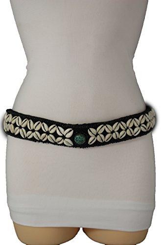 TFJ Women Bohemian Ethnic Tie Belt Waist Hip Black Fabric Flower Seashel M L XL