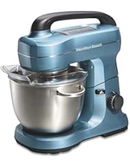 Hamilton Beach Electric Stand Mixer, 4 Quarts, 7 Speeds with Whisk, Dough Hook, Flat Beater Attachments, Splash Guard, Blue (63393)