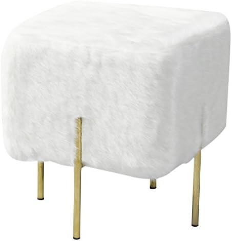 Uptown Club GM1193 Kiev Collection Contemporary Faux Fur Upholstered Square Ottoman with Steel Leg Finish, White/Gold