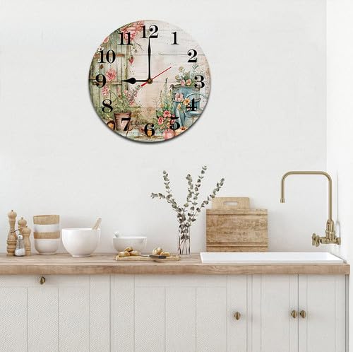 10 Inch Silent Wood Wall Clock Vintage Farmhouse Decor - Non-Ticking Battery Operated for Kitchen Bedroom Living Room Bathroom