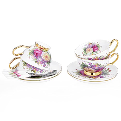 ARTVIGOR 12-Piece New Bone China Coffee and Tea Service Set, Floral Patterns 6.8oz / 200ml Cup & Saucer Sets with Spoons for 4 - Thumbnail 4