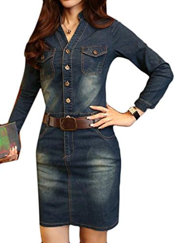 Frieed Women's Casual Botton Long Sleeve Washed Denim Knee Length Dress Dark Blue US L
