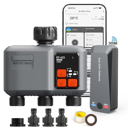johgee 3 Way WiFi Irrigation Timer with RF 300M Technology, WiFi Irrigation Control, Compatible with Alexa & App, Watering Timer with 2 Modes & Rain Delay for Garden, Lawn