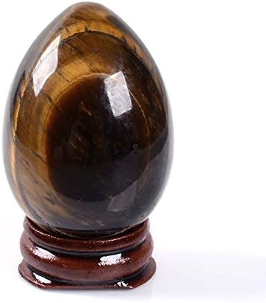 50mm Gemstone Golden Tiger Eye Healing 2" Eggs Shaped Carving Decor Wood Stand