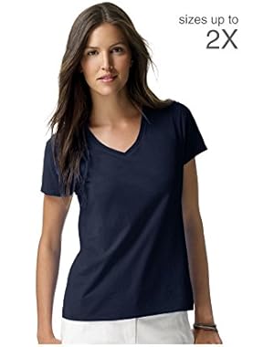 Womens 4.5 Oz., 100% Ringspun Cotton Nano-T V-Neck T-Shirt (S04V)- Deep Navy,Large