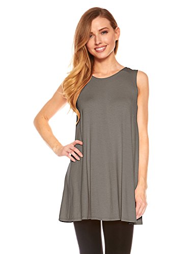 Womens Sleeveless A-Line Tank Top Tunic, Solid Basic Long Flowy Top (Charcoal-XL)