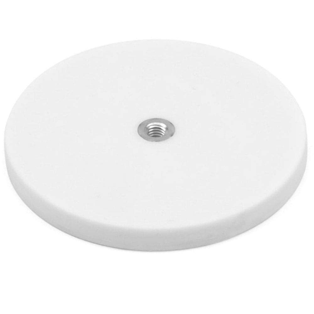 White Rubber Coated POS Magnets Countersunk with M6 Boss Thread for Retail Fixing and Holding Heavy Objects - Flush x 6mm deep - 88mm dia x 8mm high - 42kg Pull