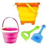 Beach Toys Set 2 Packable Pails&Collapsible Buckets with 1 Shovel and 1 Rake Orange & Pink Perfect for Summer Playset for Kids and Children