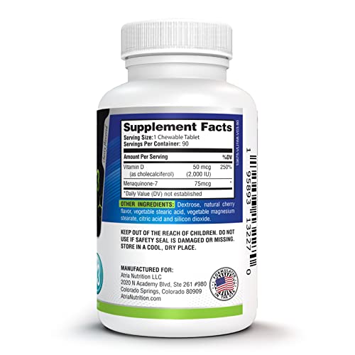 Atria Nutrition Vitamin D3 with K2 Supplement, 2000IU Vitamin D3 K2 MK7 Chewable Tablets for