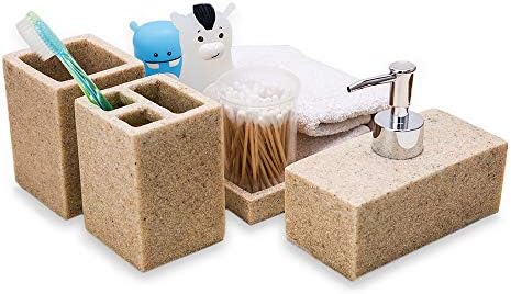Advanced Resin Simple Modern Bathroom Accessory Set, Matte Texture, Full Set Includes 1 Tumbler, 1 Toothbrush Holder, 1 soap Dish and 1 Soap Dispenser (Beige(Tray))