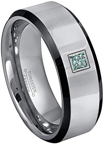 0.10ctw Solitaire Princess Cut Blue Diamond Tungsten Ring - 8MM Polished Beveled Edge 2-Tone Tungsten Carbide Wedding Band - April Birthstone Ring