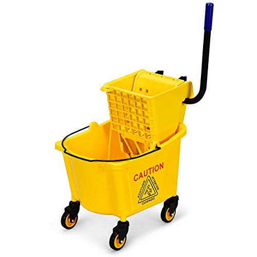 GOPLUS Commercial Mop Bucket with Side Press Cleaning Wringer, Portable Trolley On Wheels, Ideal for Household and Public Places Floor 26 Quart Capacity, Yellow