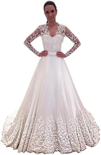 Kimbridal Vintage Lace Wedding Dresses for Bride Long Sleeves Bridal Gown Bow