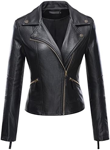 Uaneo Women's Classic Style Moto Faux Leater Jacket Outerwear (Medium, Black)