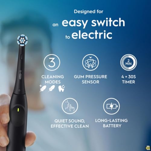 Oral-B iO2 Electric Toothbrush, 1 Gentle Care Toothbrush Head, 1 Travel Case, 1 Travel Refill Holder, Oral B Toothbrush Adults (Night Black), Designed by Braun, 2 Pin UK Plug