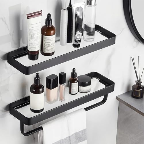 TERRIFI 40 CM Wall Mounted Shower Caddies, 2-Tier Bathroom Shelves with Towel Bar, Tempered Glass Floating Shelf, Black Bathroom Wall Organizer